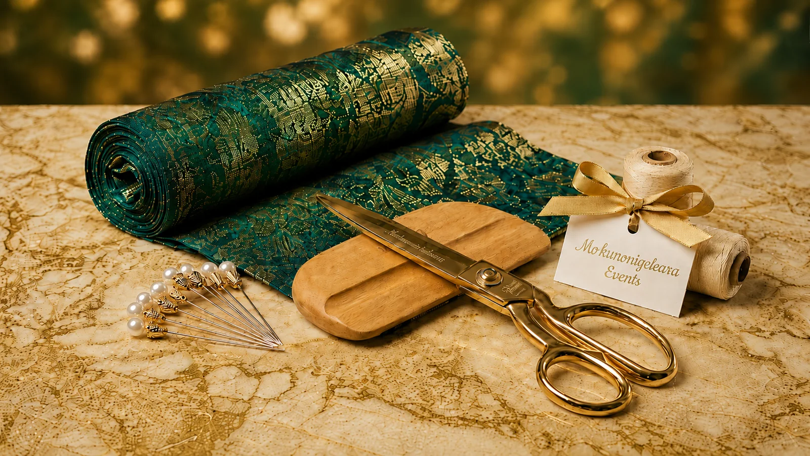 Emerald and gold gele fabric with artisan tools and pins