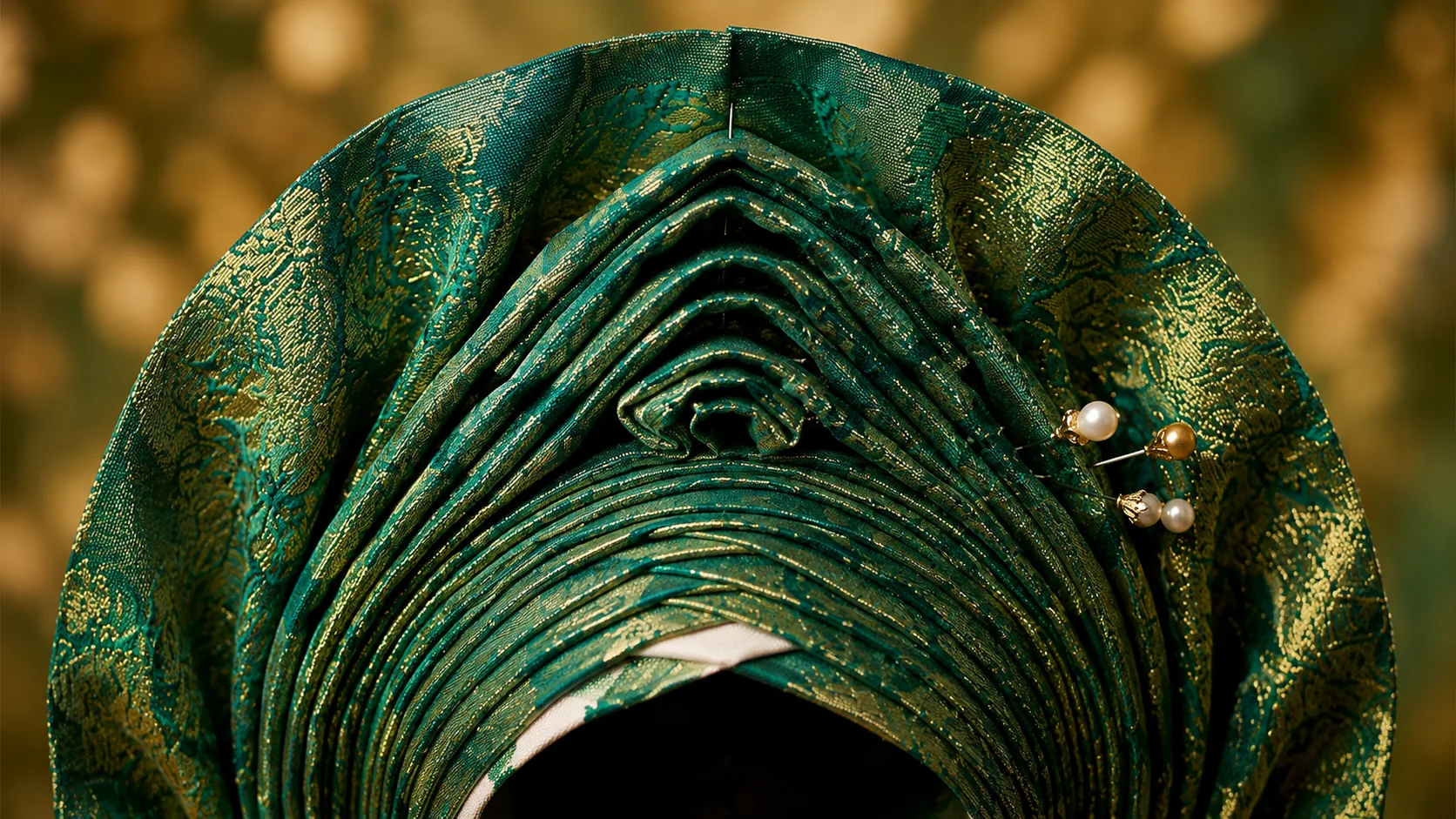 Emerald and gold gele folded into an architectural crown shape